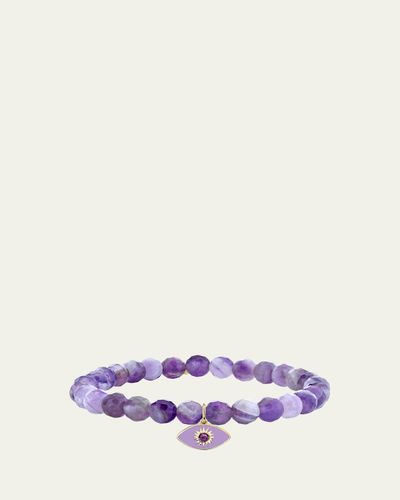 Sydney Evan 14K Sunburst Amethyst Evil Eye on Beaded Stretch Bracelet