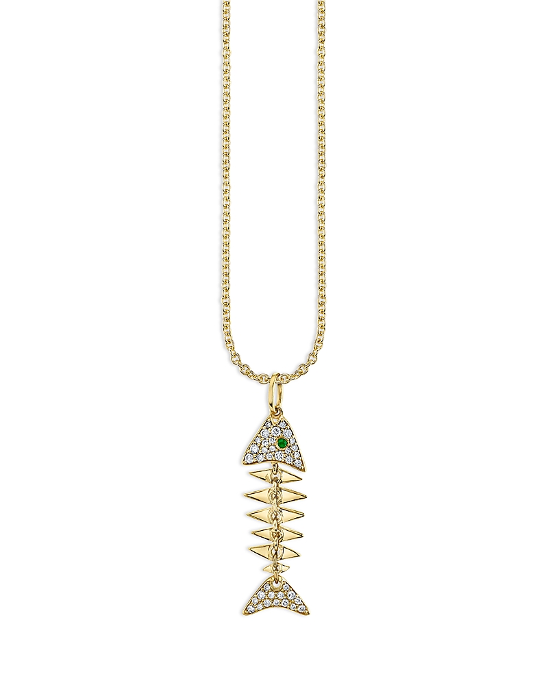 Sydney Evan Sydney Evan 14K Yellow Gold Diamond & Emerald Fishbone Pendant Necklace, 16-18