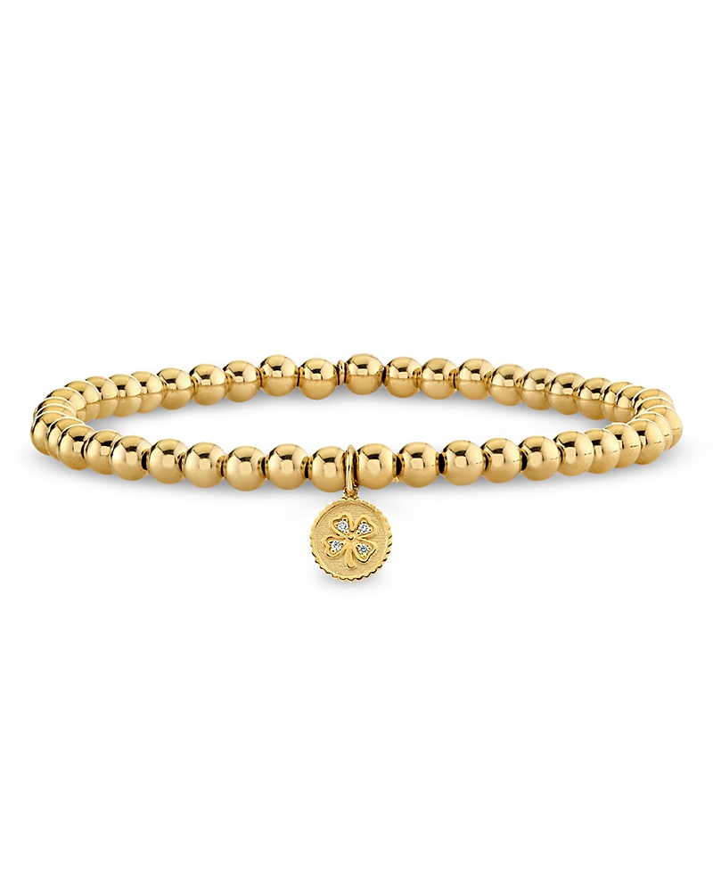 Sydney Evan Sydney Evan 14K Yellow Gold Diamond Clover Charm Beaded Stretch Bracelet