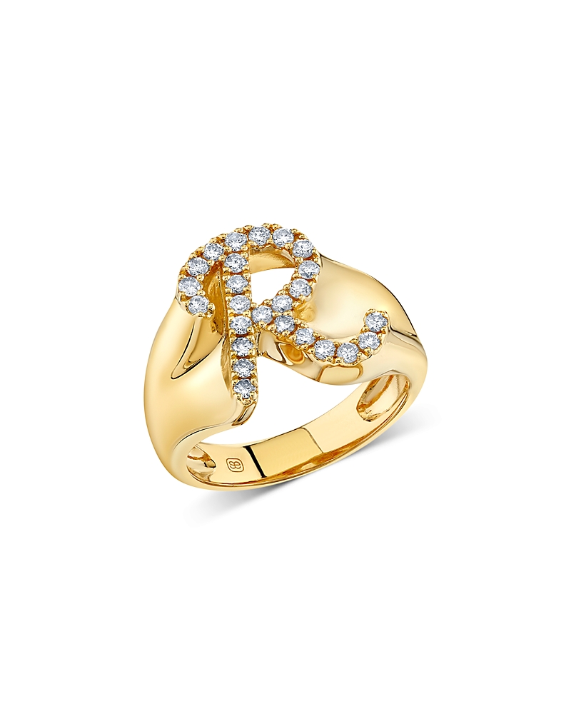 Signet Ring Letter R Sydney Evan - 14K Yellow Gold Diamond Script Letter R Signet Ring, 0.41 tcw