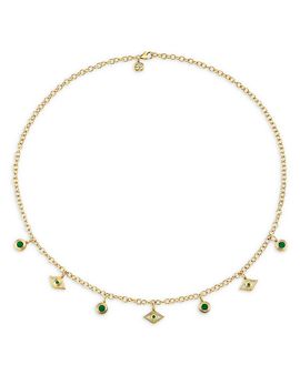 Sydney Evan Sydney Evan 14K Yellow Gold Emerald Evil Eye & Bezel Drop Collar Necklace, 18