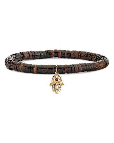 Sydney Evan Sydney Evan 14K Yellow Gold The Solara Heishi Rondelle & Diamond & Ruby Hamsa Hand Charm Bead Bracelet