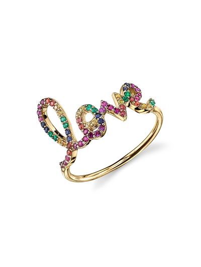 Sydney Evan Women's Bright Smiles 14K Yellow Gold & Rainbow Sapphire Large "Love" Script Ring