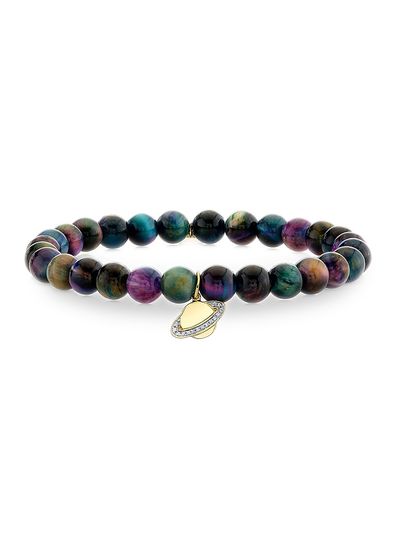Sydney Evan Women's Sunset Observatory 14K Yellow Gold, Rainbow Tiger's Eye & 0.03 TCW Diamond Beaded Stretch Bracelet