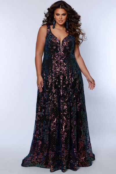 Sydney's Closet Sydney's Closet Bra-Friendly V-Neckline Sequin A-Line Plus Size Gown