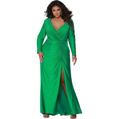 Sydney's Closet Sydney's Closet Fitted Long Sleeve V-Neck Ruched Plus Size Gown