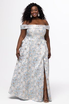 Sydney's Closet Sydney's Closet Off-the-Shoulder Brocade Plus Size Formal Dress with Slit