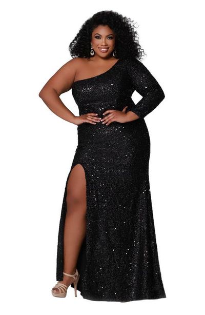 Sydney's Closet Sydney's Closet One-Shoulder Long Sleeve Sequin Plus Size Gown