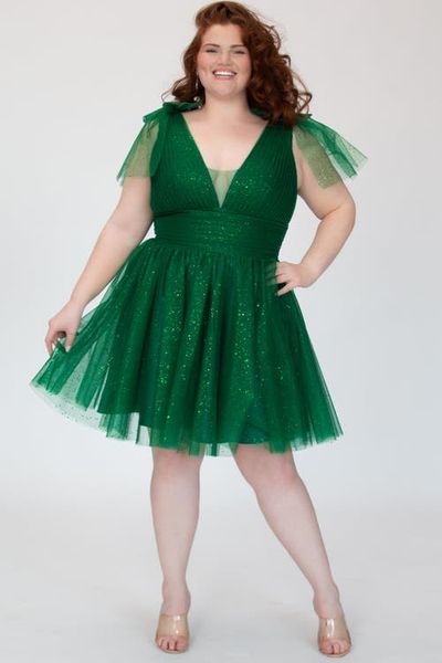 Sydney's Closet Sydney's Closet Sparkle Tulle Curvy Cocktail Party Dress with Bows