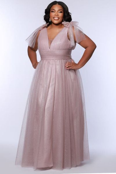 Sydney's Closet Sydney's Closet V-Neckline Bra-Friendly Plus Size A-line Gown with Bows