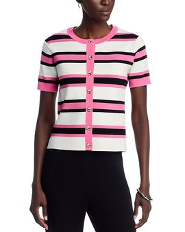 T Tahari T Tahari Crewneck Rib Striped Button Front Cardigan