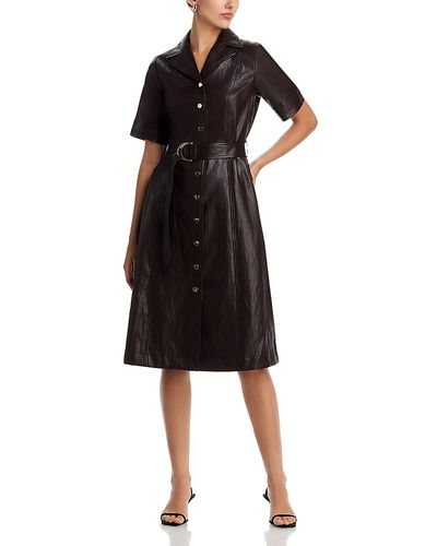 T Tahari T Tahari Faux Leather Short Sleeve Button Down Fit & Flare Dress