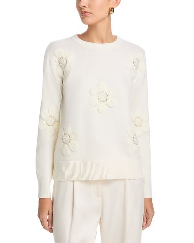 T Tahari T Tahari Long Sleeved Fuzze Flowers Crewneck Pullover Sweater