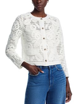 T Tahari T Tahari Novelty Crochet Button Front Crewneck Cardigan