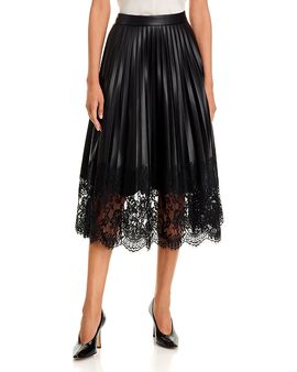 T Tahari T Tahari Pleated Faux Leather & Lace Midi Skirt