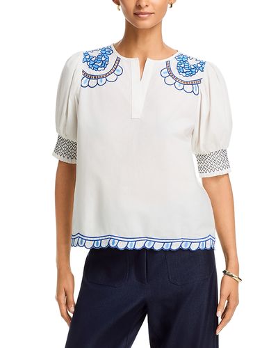 T Tahari T Tahari Split V Neck Embroidered Top