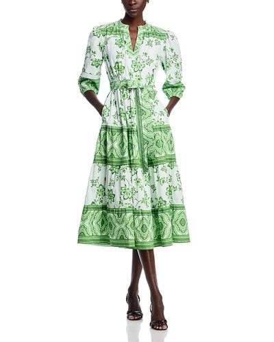 T Tahari T Tahari Three Quarter Sleeve Split Neck Printed Midi Dress