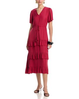 T Tahari T Tahari V Neck Drawstring Waist Tiered Dress
