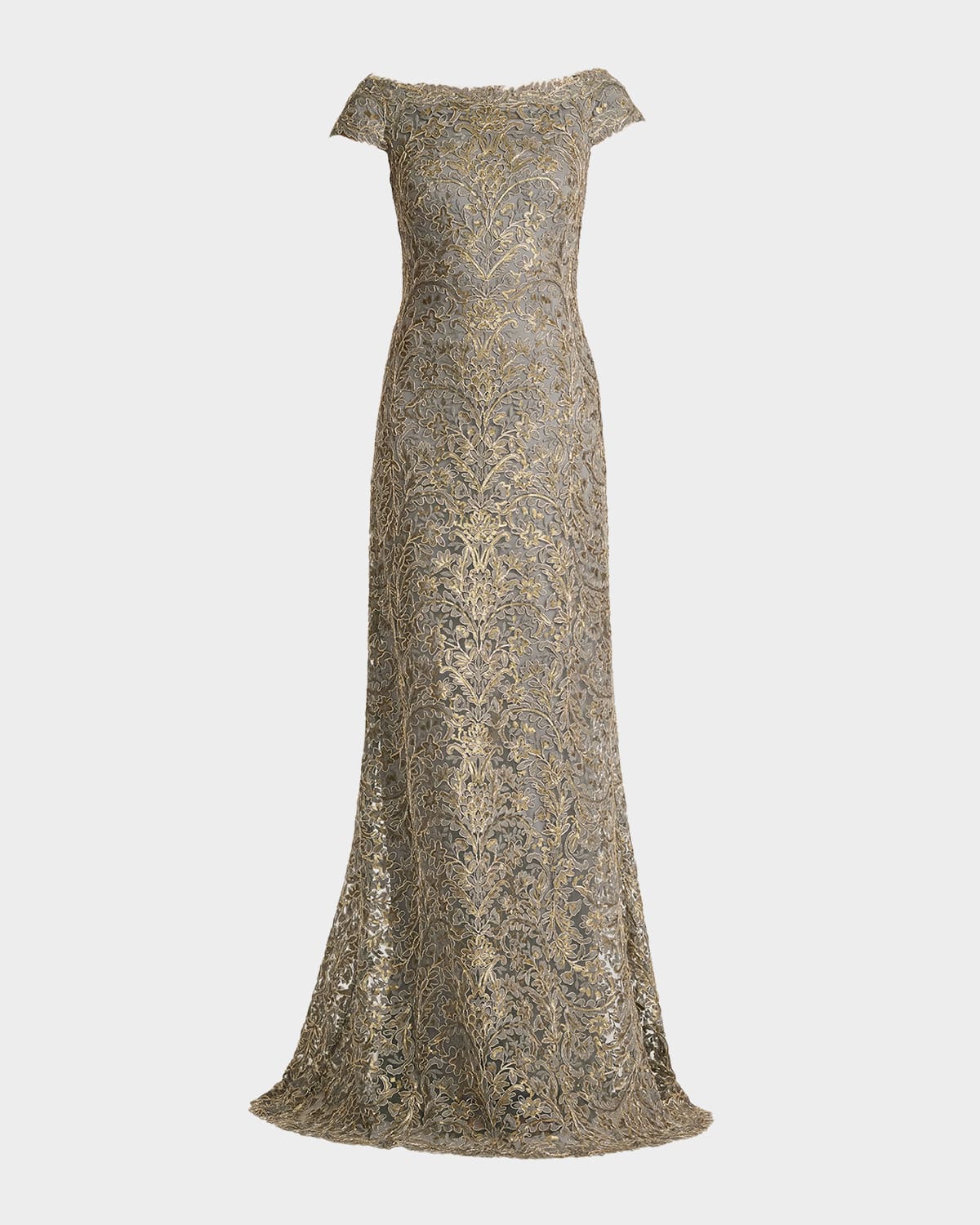 Tadashi Shoji Cap-Sleeve Sequin Lace Column Gown