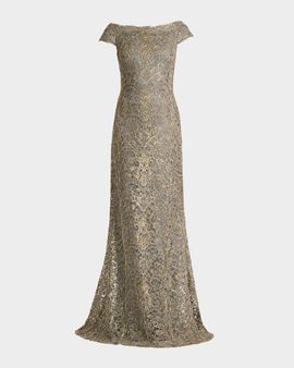 Tadashi Shoji Cap-Sleeve Sequin Lace Column Gown