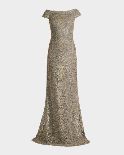 Tadashi Shoji Cap-Sleeve Sequin Lace Column Gown