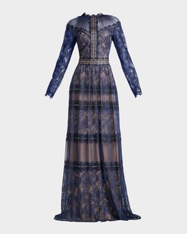 Tadashi Shoji Debore Orchid Illusion Long-Sleeve Gown