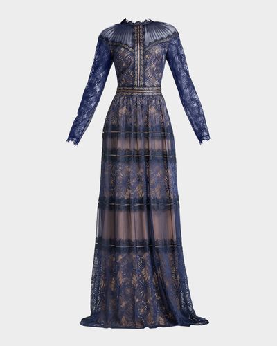Tadashi Shoji Debore Orchid Illusion Long-Sleeve Gown