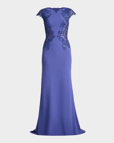 Tadashi Shoji Embroidered Cape-Sleeve Crepe Gown