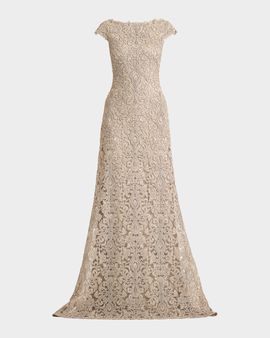 Tadashi Shoji Hoyt Embroidered Cap-Sleeve Gown