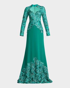 Tadashi Shoji Petal Applique Crepe Gown