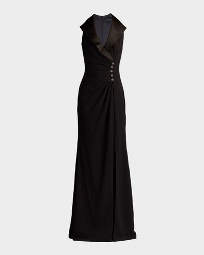 Tadashi Shoji Pleated Jewel-Embellished Crepe Tuxedo Gown