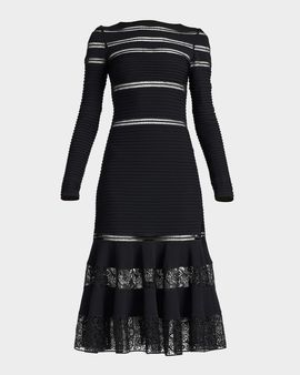 Tadashi Shoji Ribbed Lace-Inset Midi Dress