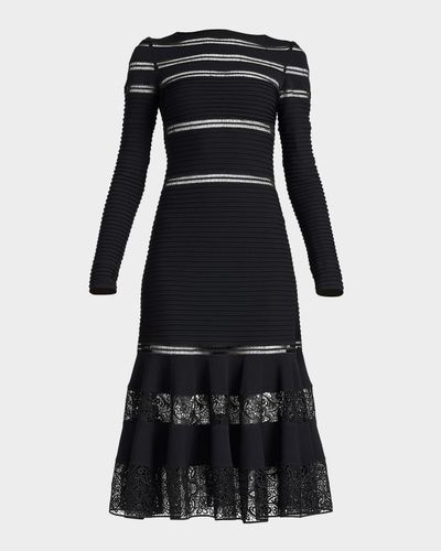 Tadashi Shoji Ribbed Lace-Inset Midi Dress