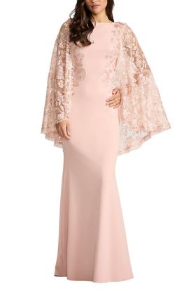 Tadashi Shoji Tadashi Shoji Embroidered Capelet Long Sleeve Gown