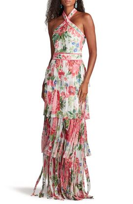 Tadashi Shoji Tadashi Shoji Floral Print Twist Tiered Halter Gown