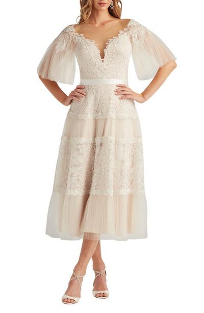 Tadashi Shoji Tadashi Shoji Lace & Mesh Flare Sleeve Midi Dress
