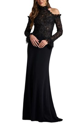 Tadashi Shoji Tadashi Shoji Lace Mock Neck Cold Shoulder Gown