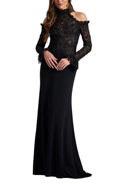 Tadashi Shoji Tadashi Shoji Lace Mock Neck Cold Shoulder Gown