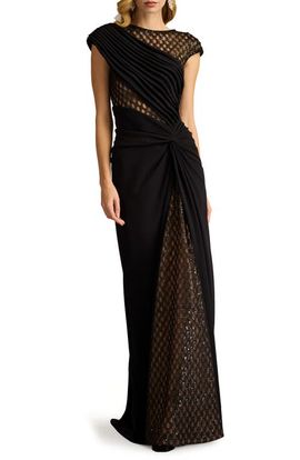 Tadashi Shoji Tadashi Shoji Mixed Media Cap Sleeve Crepe Gown