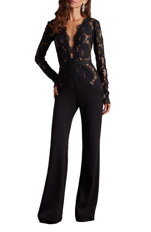 Tadashi Shoji Tadashi Shoji Mixed Media Plunge Neck Long Sleeve Cotton Blend Jumpsuit
