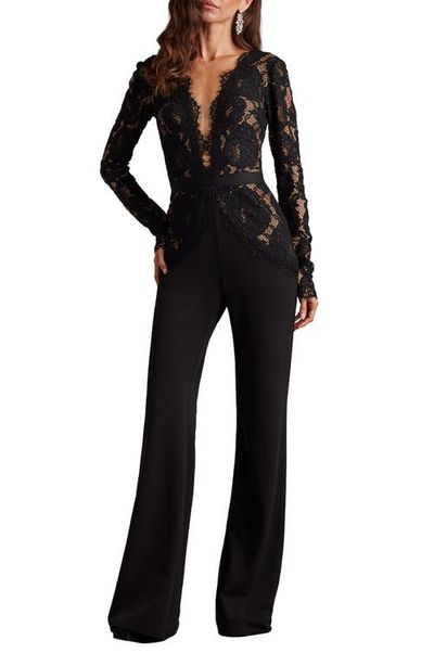 Tadashi Shoji Tadashi Shoji Mixed Media Plunge Neck Long Sleeve Cotton Blend Jumpsuit