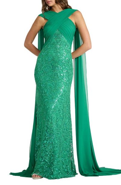 Tadashi Shoji Tadashi Shoji Sequin Lace Cape Halter Gown