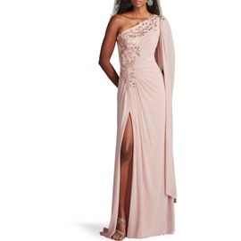 Tadashi Shoji Tadashi Shoji Sequin Leaf Detail One-Shoulder Chiffon Gown
