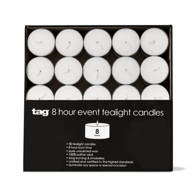 tag tag 50 White Tealight Candles 8 Hour Burn Time Everyday Use 