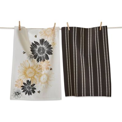 tag tag Set of 2 Black Yellow Sunflower Print Cotton Dishtowels