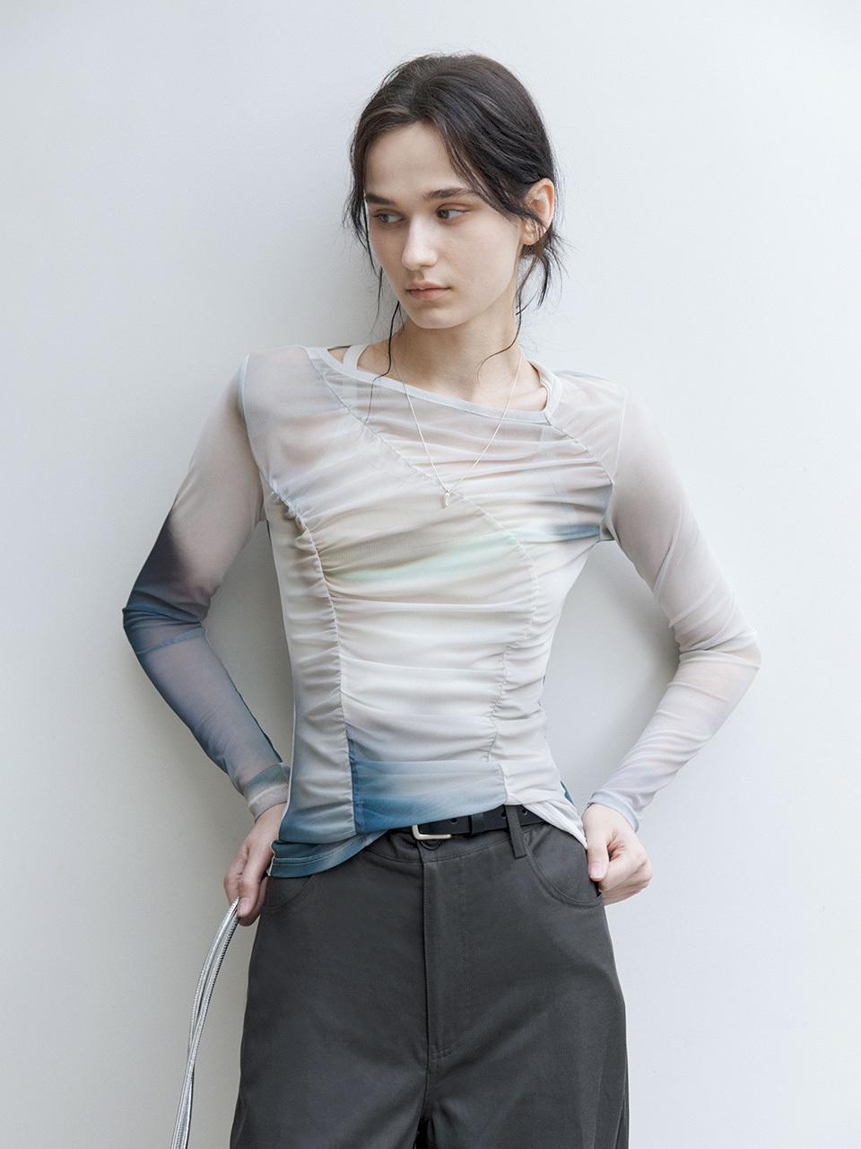 tageechita Artistic Printed Mesh Long Sleeve T-Shirt