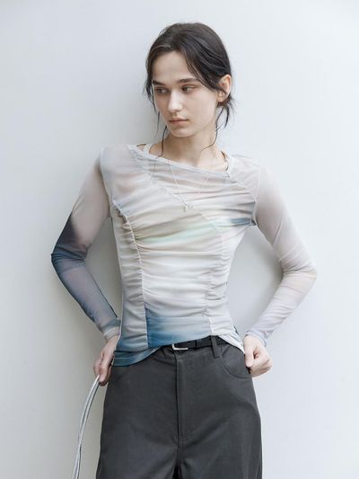 tageechita Artistic Printed Mesh Long Sleeve T-Shirt