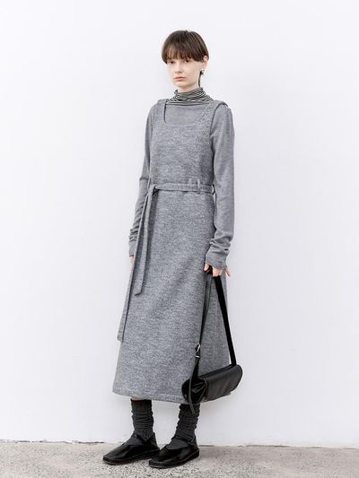 tageechita Belted Wool Sleeveless Dress [GRAY]