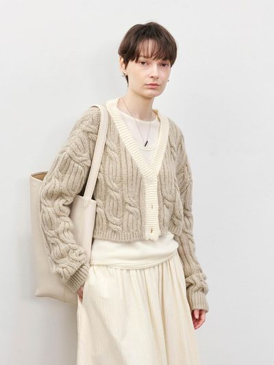 tageechita TG_Cable knit cropped wool cardigan
