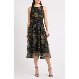 Tahari ASL Tahari ASL Belted Metallic Floral Embroidered Fit & Flare Midi Dress
